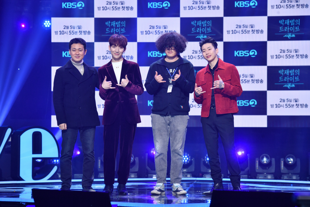 From left: Producer Park Seok-hyoung, Jeong Dong-hwan of Melomance, producer Lee Chang-suh and Jay Park pose for photos during a press conference for KBS' upcoming late-night music talk show 