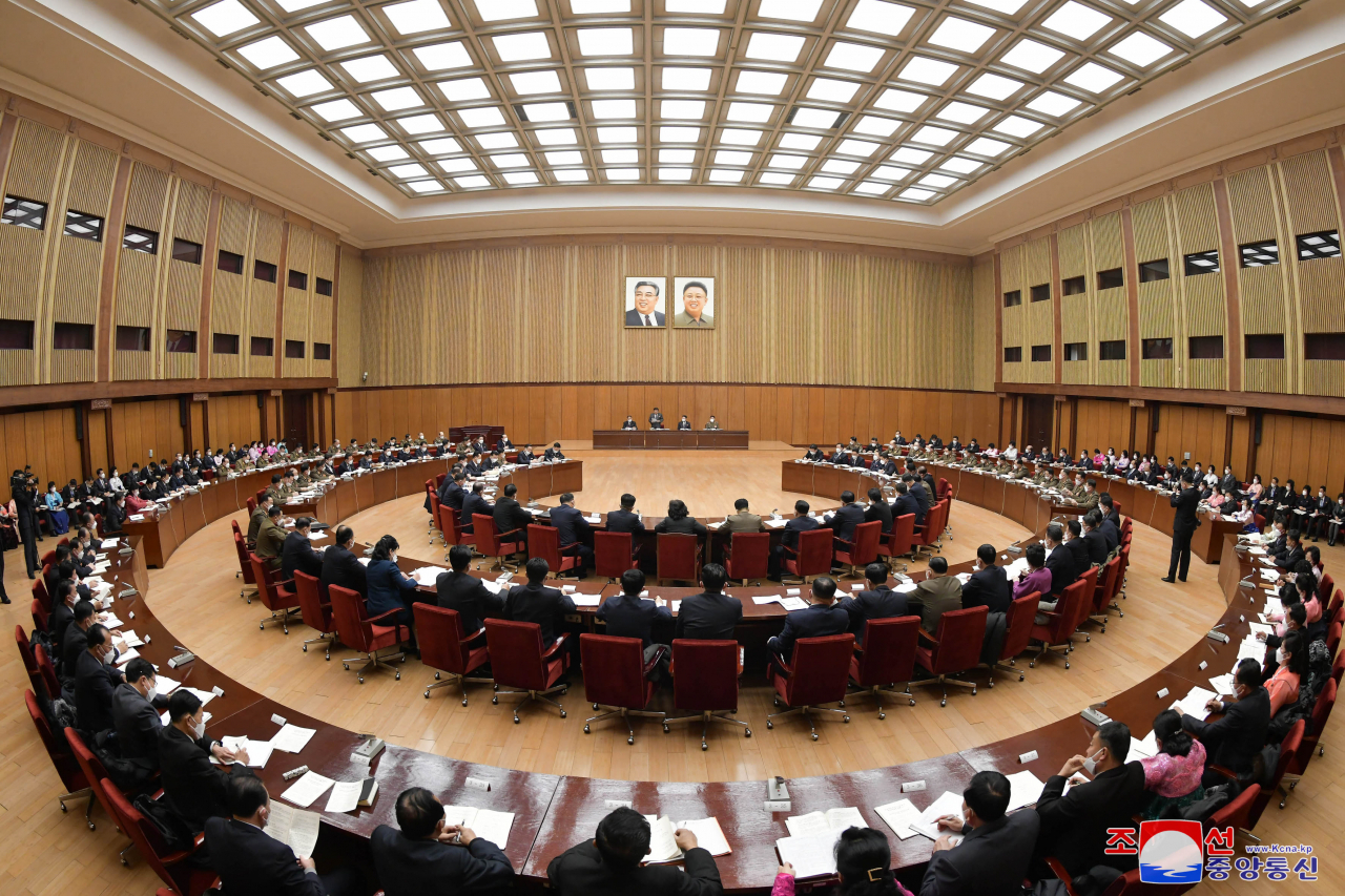 North Korea convenes the 8th session of the 14th Supreme People's Assembly in Pyongyang, in this photo released by the North's official Korean Central News Agency on Thursday. The KCNA said the two-day meeting wrapped up the previous day. (KCNA)