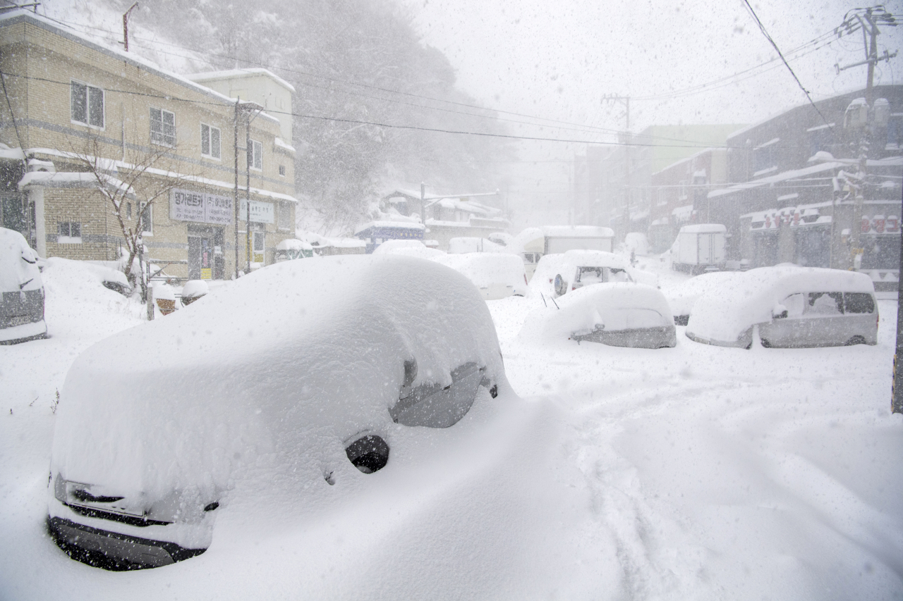 Cars parked on eastern Ulleung Island are covered in snow on Tuesday after heavy snowfall was reported in the area. (Yonhap)