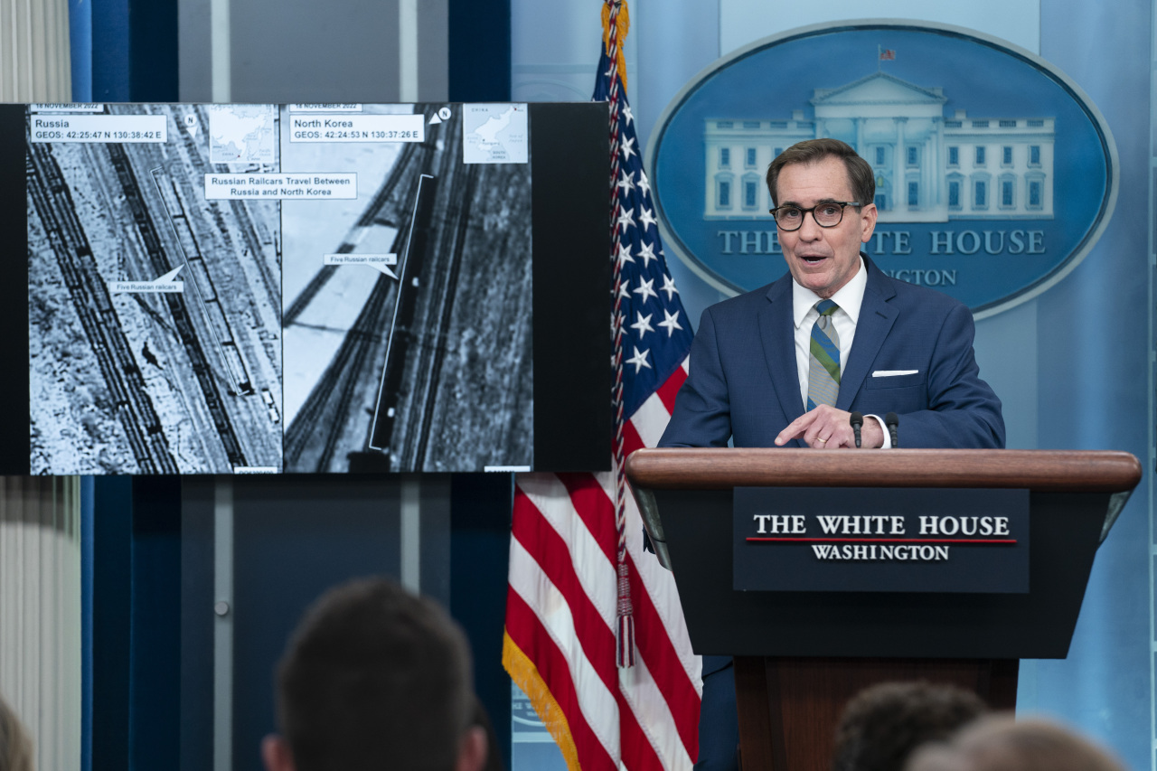 National Security Council spokesman John Kirby says that declassified satellite images displayed during a White House press briefing back up U.S. claims that North Korea delivered arms to Russia for use in its ongoing war in Ukraine, Friday, Jan. 20, 2023, in Washington. (Photo - AP)