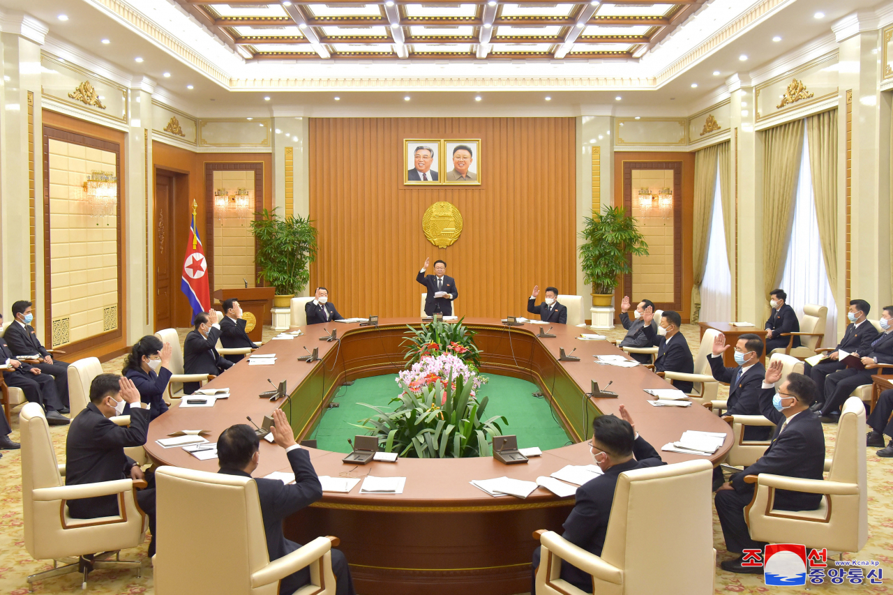 A plenary session of the standing committee of North Korea's Supreme People's Assembly takes place at the Mansudae Assembly Hall in Pyongyang on Thursday, with Chairman Choe Ryong-hae (standing) presiding (Korean Central News Agency)