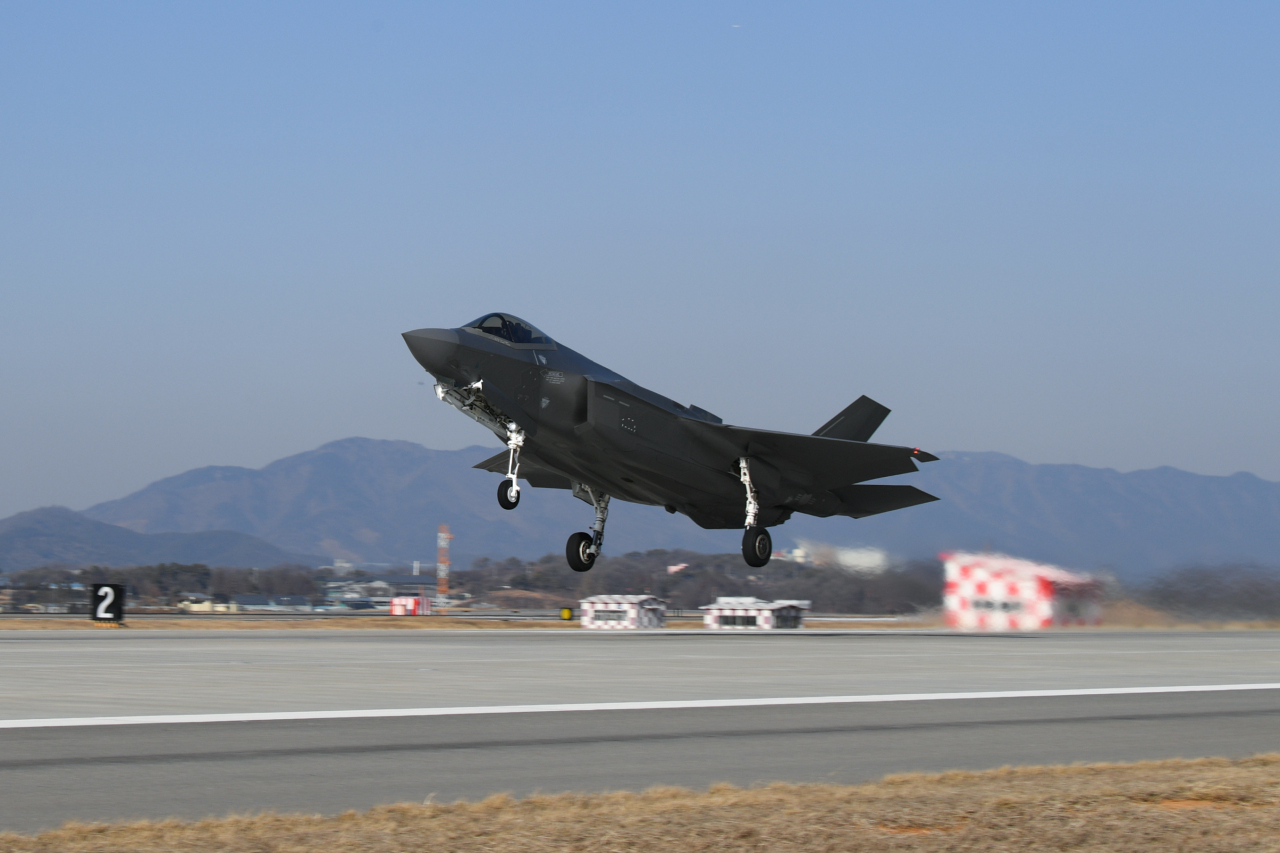 A South Korean F-35A fighter takes off at an air base in Cheongju, 140 kilometers south of Seoul, to join combined air drills with the United States on Feb. 3, 2023. (Photo - Republic of Korea Air Force)