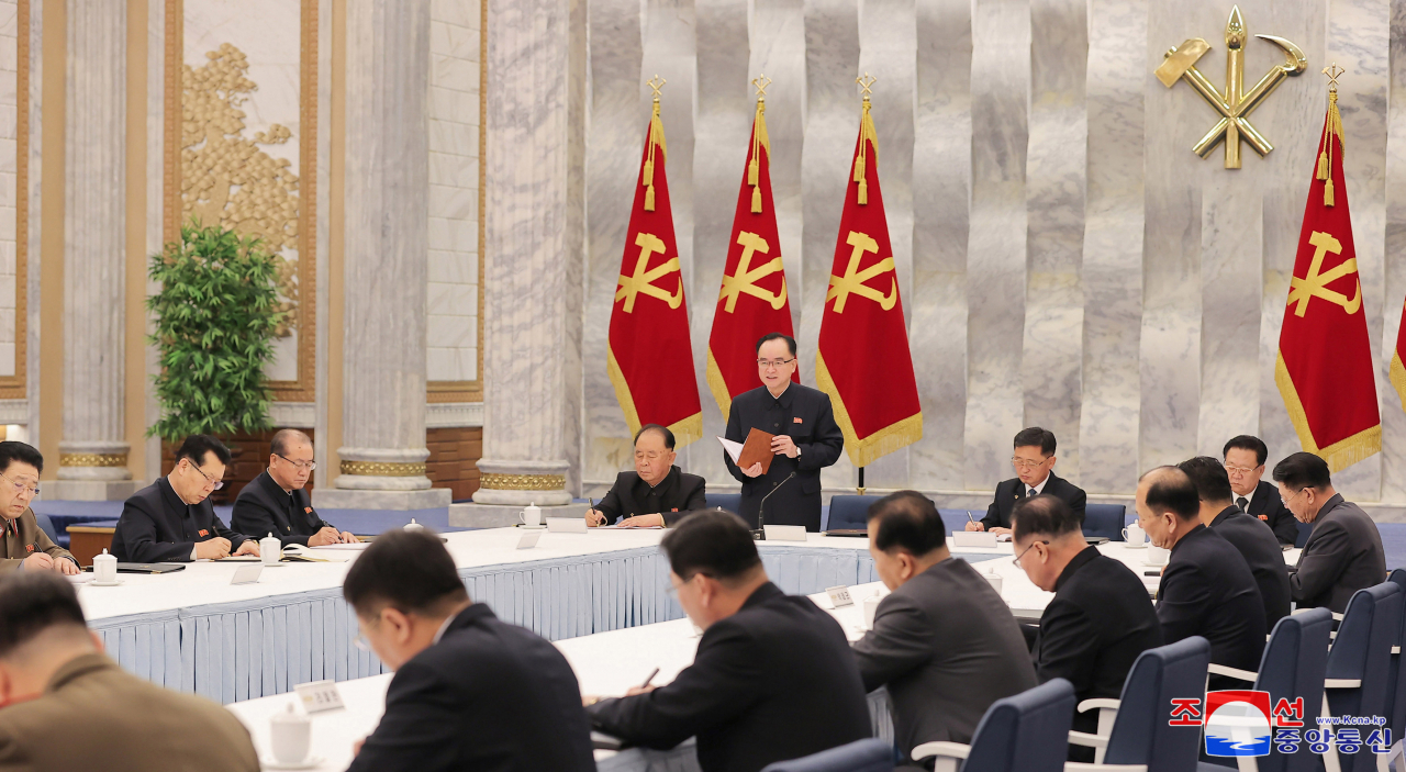 This photo shows Jo Yong-won (standing), secretary of the ruling Workers' Party of Korea for organization affairs, presiding over a meeting of the political bureau of the WPK's Central Committee in Pyongyang on Sunday. (North Korea's official Korean Central News Agency)