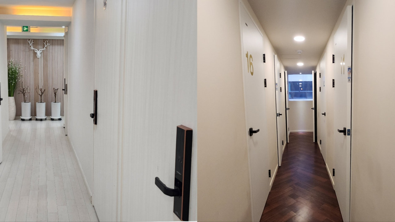 The hallway of a room cafe in Sinchon, Seoul, (left) and Hongdae, Seoul, Thursday. The rooms have no windows and the doors in the Sinchon cafe can be locked from the inside. (Lee Jung-youn/The Korea Herald)