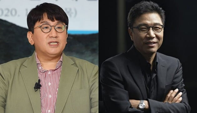 Picture of Hybe Chairman Bang Si-hyuk and SM Entertainment founder Lee Soo-man (Yonhap)