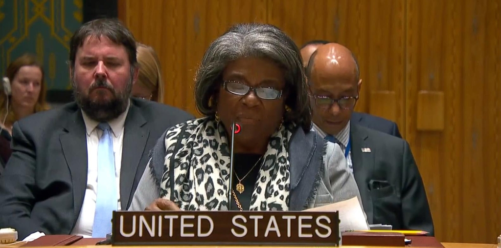 US Ambassador to the United Nations Linda Thomas-Greenfield is seen speaking during a UN Security Council meeting held in New York on Monday to discuss North Korea's recent missile provocations in this image captured from the website of the United Nations. (Yonhap)