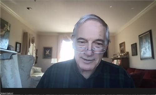 Robert Gallucci, a former US nuclear negotiator, is seen speaking during a webinar hosted by the Stimson Center, a nonprofit think tank based in Washington, on Tuesday in this captured image. (Yonhap)