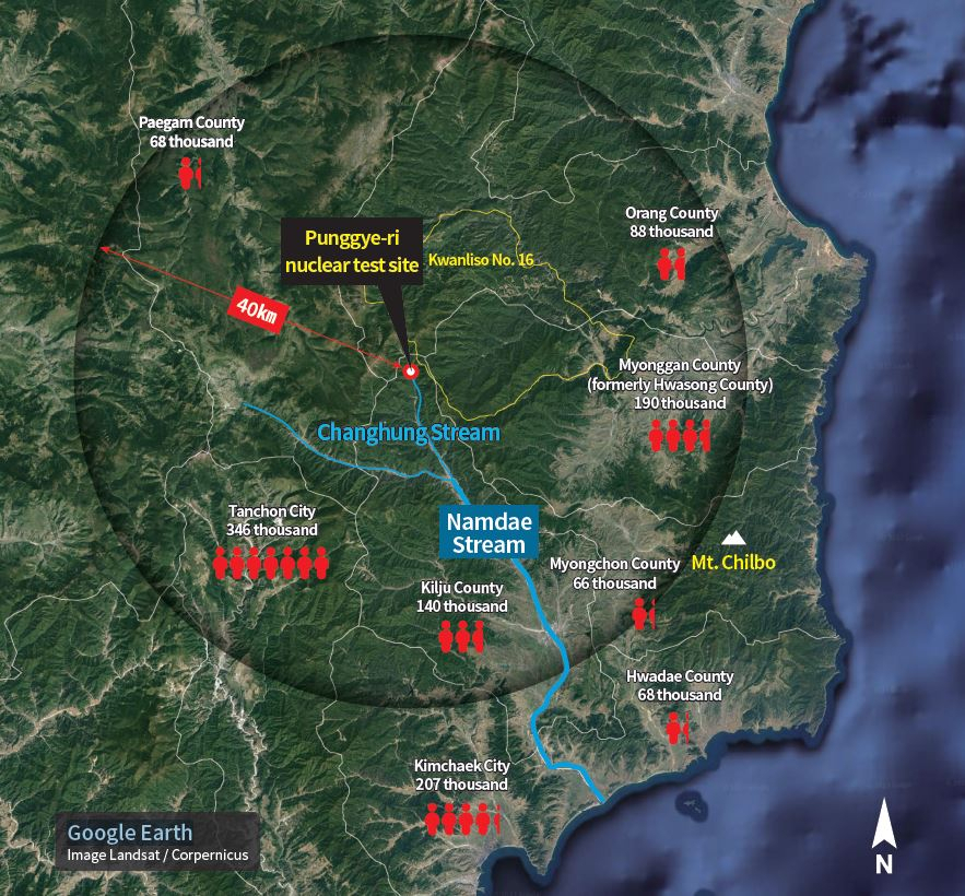 Areas within a 40 kilometer radius of North Korea’s Punggye-ri nuclear test site. (Transitional Justice Working Group)