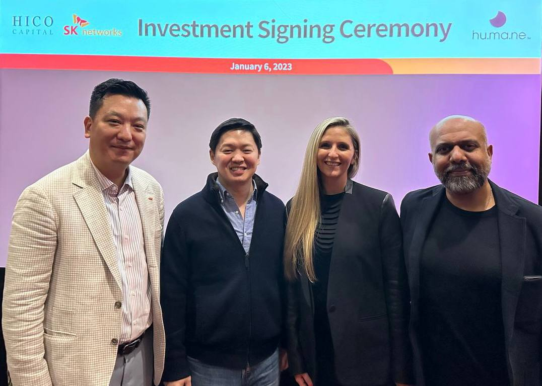 (From left) Samuel Kim, managing director of Hico Capital, SK Networks President & Chief Operating Officer Choi Sung-hwan, Humane co-founders Bethany Bongiorno and Imran Chaudhri pose for a photo after an investment signing ceremony in January. (SK Networks)