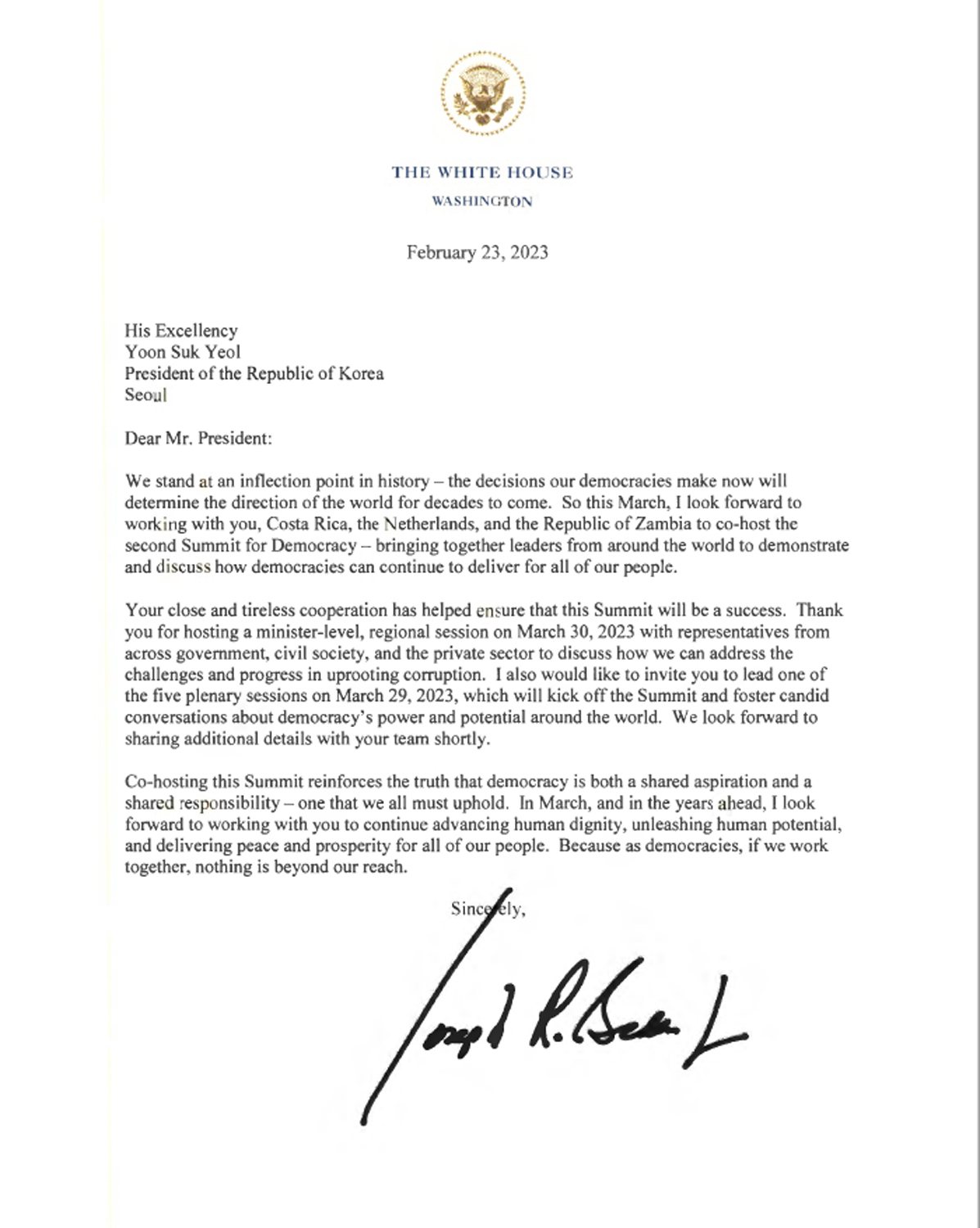 An invitation sent from US President Joe Biden to Korean President Yoon Suk Yeol (Presidential office)