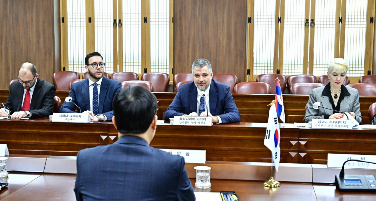 Serbian Ambassador to South Korea Nemanja Grbic attends the 8th Regular Bilateral Political Consultations between the foreign ministries of Serbia and South Korea in Seoul in Feb. 2023. (Embassy of Serbia in Seoul)