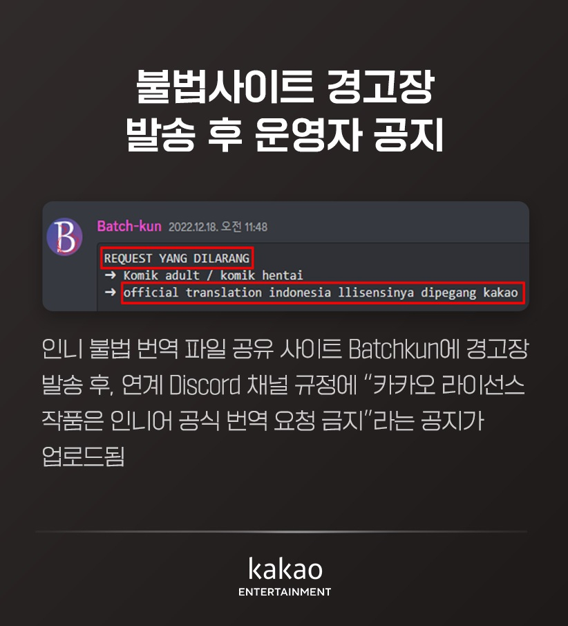 The above image shows Indonesian Discord channel Batchkun's Dec. 18, 2022 message saying that requests for the translation of Kakao Entertainment's webtoon series are prohibited. (Kakao Entertainment)
