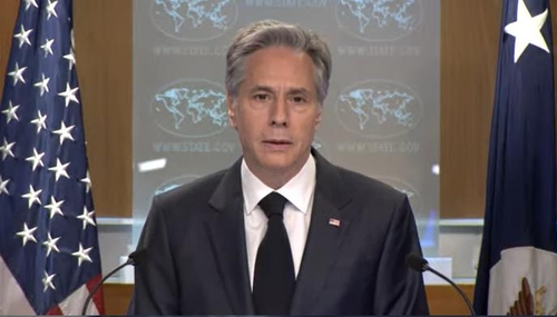 US Secretary of State Antony Blinken is seen speaking during a press briefing at the department in Washington on Monday on the release of 2022 Country Reports on Human Rights Practices. (US Department of State)