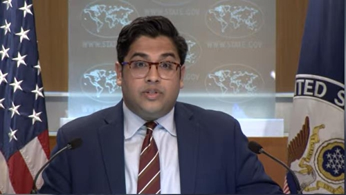 Vedant Patel, principal deputy spokesperson for the state department, is seen speaking during a daily press briefing at the department in Washington on Tuesday (White House)
