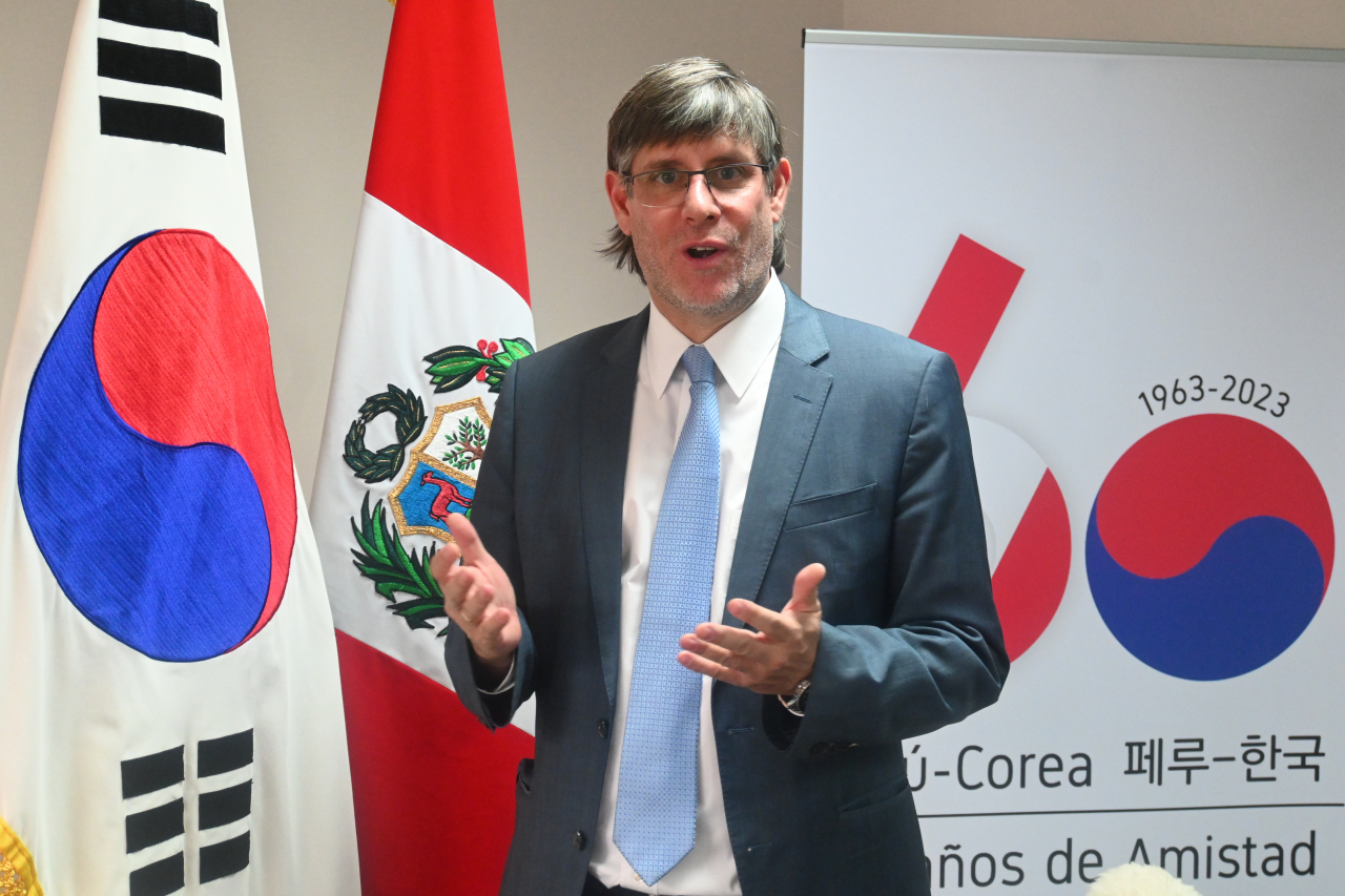 Newly appointed Peruvian Ambassador Paul Duclos speaks during an interview with The Korea Herald at the Embassy of Peru in Jung-gu, Seoul, on March 20. (Sanjay Kumar/The Korea Herald)