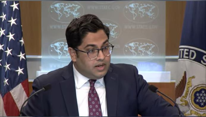 Vedant Patel, principal deputy spokesperson for the Department of State, is seen answering questions during a daily press briefing at the department in Washington on Monday. (US Department of State)