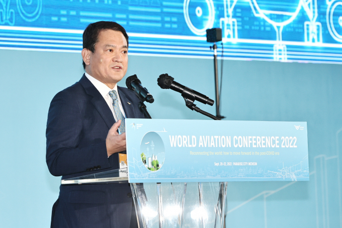 Incheon International Airport Corp. CEO Kim Kyung-wook speaks during the World Aviation Conference 2022 at Paradise City in Incheon, September 2022. (Incheon International Airport)