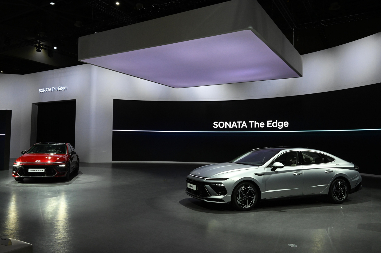 The new Sonata is on display at the 2023 Seoul Mobility Show held at Kintex in Gyeonggi Province on Thursday. (Hyundai Motor Group)