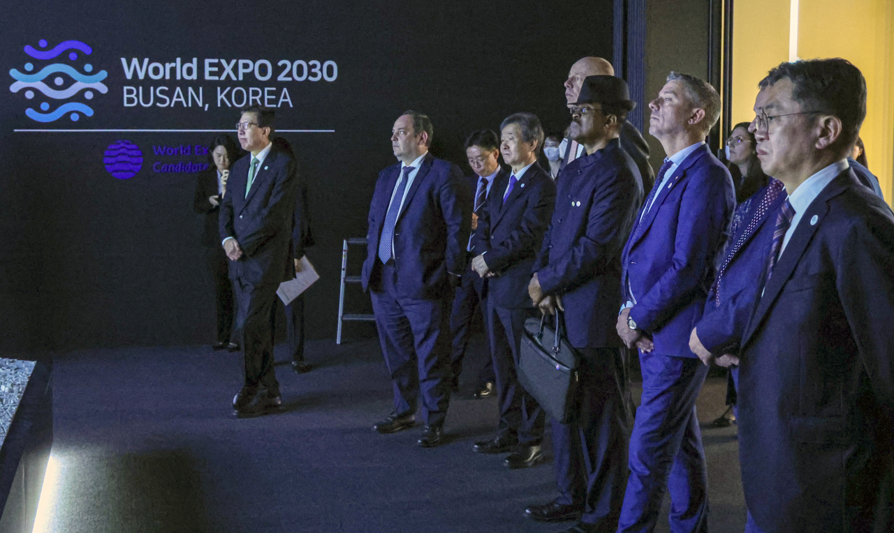 The delegation of the Bureau International des Expositions (BIE) visit a convention center in Busan on Wednesday to be briefed on Busan North Port, the proposed main expo venue for the 2030 World Expo, as part of its inspection of the city’s bid to host the international event. (Joint Press Corps)