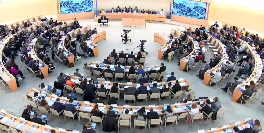 This photo from Tuesday shows the United Nations Human Rights Council holding its 52nd session to adopt a resolution denouncing North Korea's human rights violations. (United Nations Web TV)