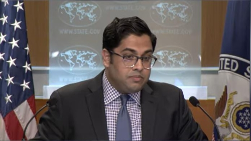 Vedant Patel, deputy spokesperson for the Department of State, is seen answering questions during a daily press briefing at the department in Washington on Monday. (US Department of State)