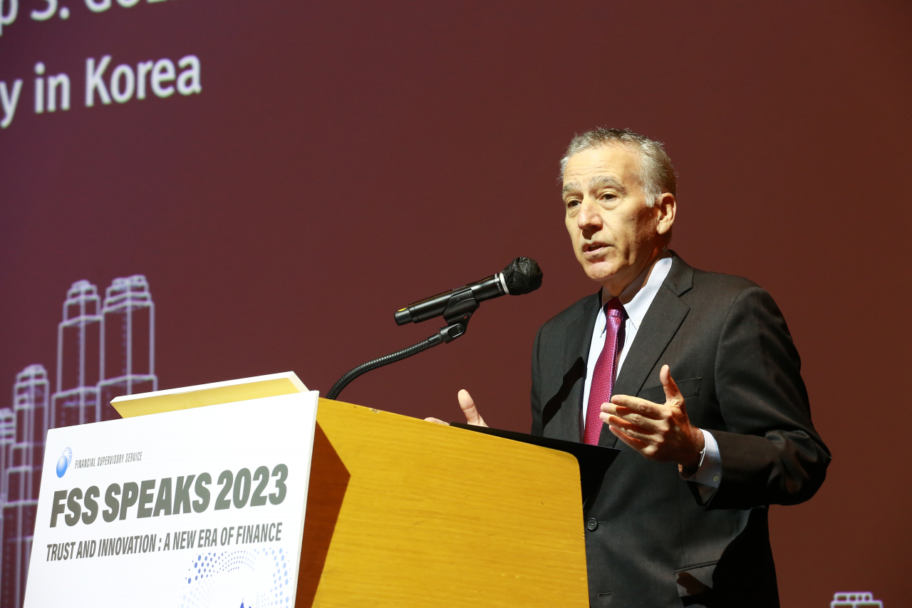 Philip Goldberg, the US ambassador to Korea, talks during the FSS Speaks conference held at the Federation of Korean Industries building in Seoul on Thursday. (FSS)