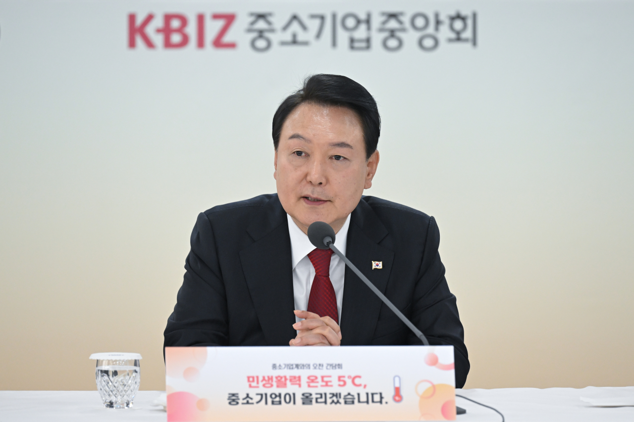 President Yoon Suk Yeol during a meeting with local business leaders in Seoul on Friday. (Yoon’s office)