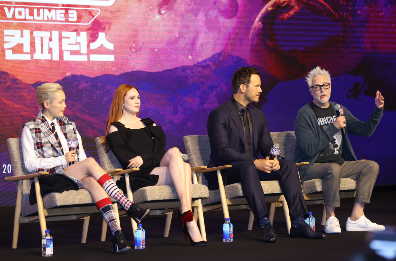 From left: Cast members of “Guardians of the Galaxy Vol. 3” Pom Klementieff, Karen Gillan and Chris Pratt with director James Gunn attend a press conference as part of their promotional world tour, at Conrad Seoul, in Yeouido, Seoul, Tuesday. (Yonhap)