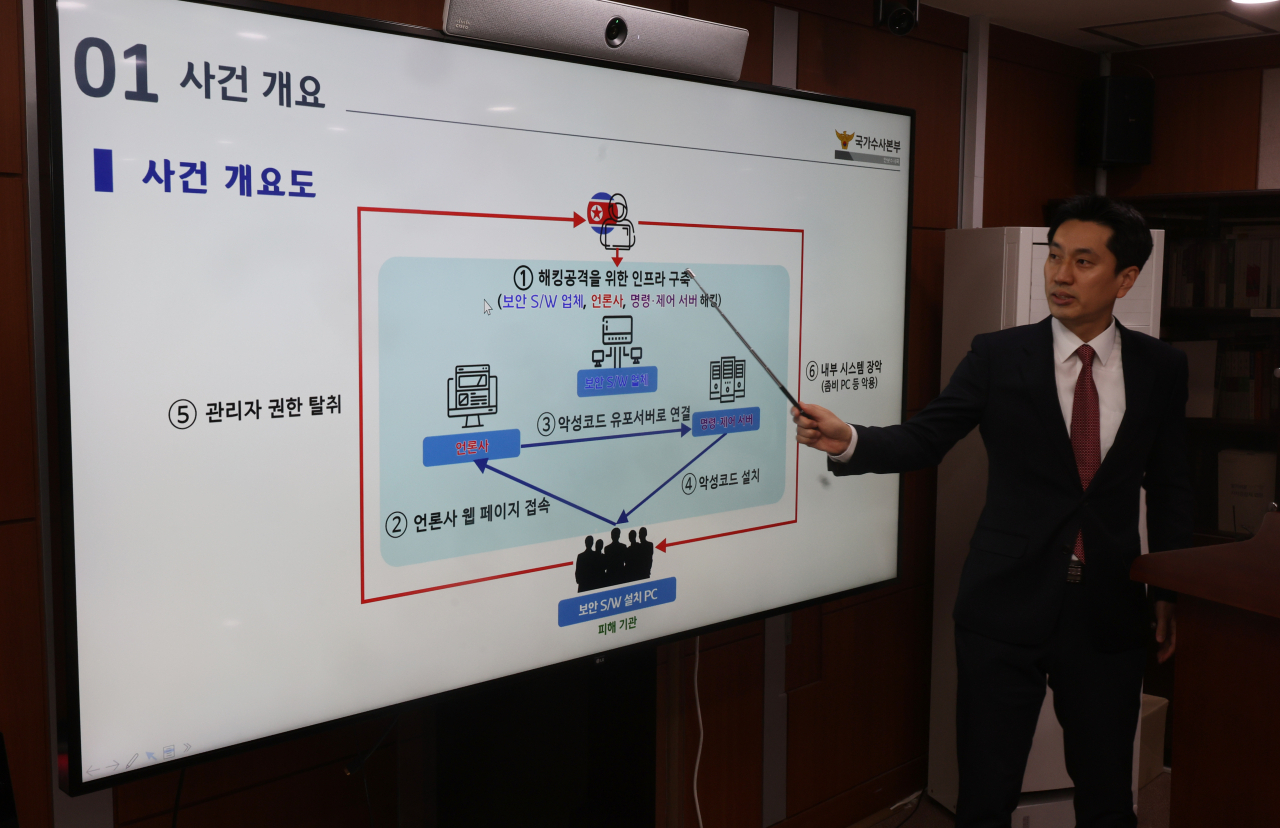 The Korean National Police Agency’s Security Investigation Bureau holds a briefing on North Korea’s hacking attacks against 61 South Korean public institutions and private organizations at its headquarters in Seodaemun-gu, western Seoul, on Tuesday. (Yonhap)