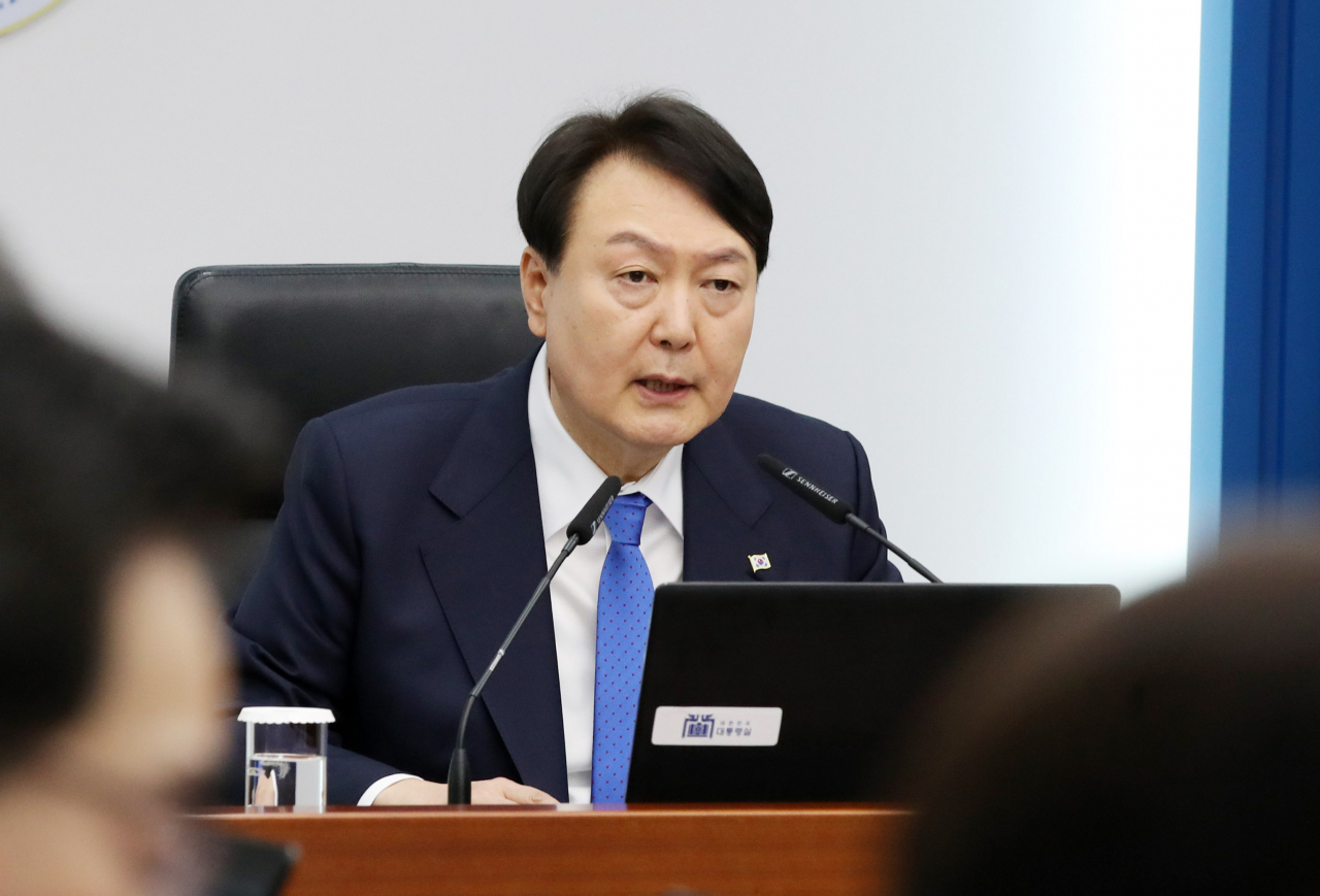 President Yoon Suk Yeol speaks at a Cabinet meeting at the presidential office in Seoul on Tuesday. (Yonhap)