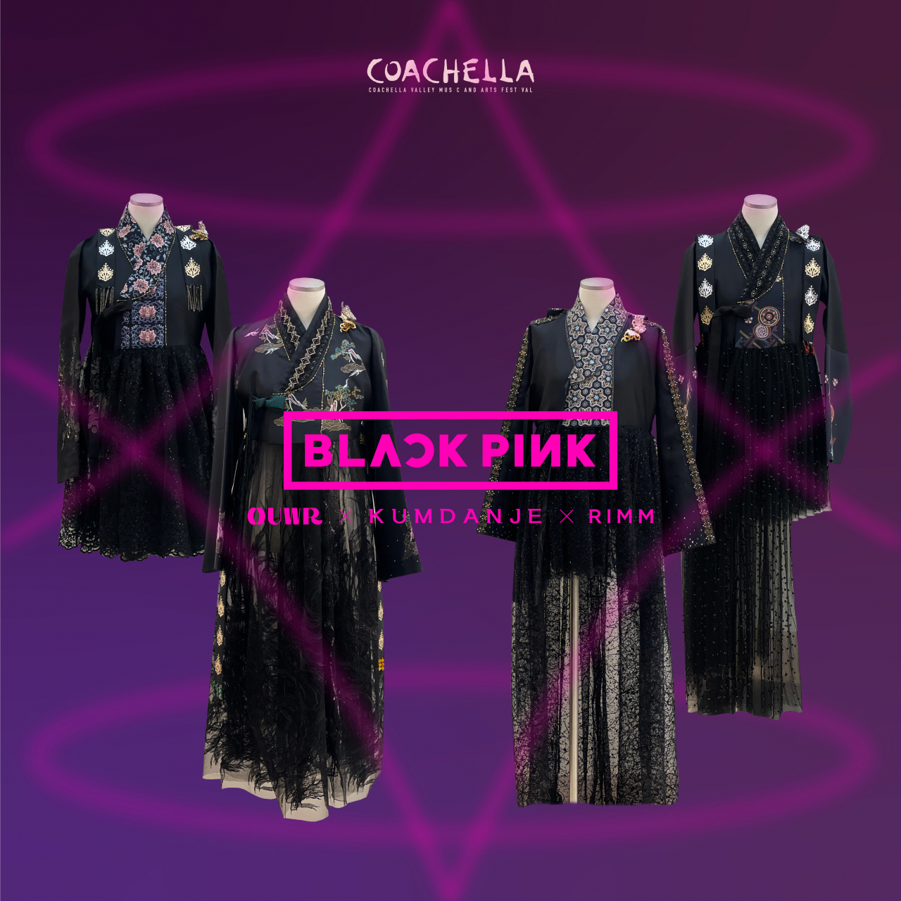 These hanbok outfits designed by Kumdanje and OUWR, decorated with Rimm's butterfly brooch on the shoulders, were worn by Blackpink at the Coachella Valley Music and Arts Festival Indio, California, on Saturday. (Kumdanje/OUWR)