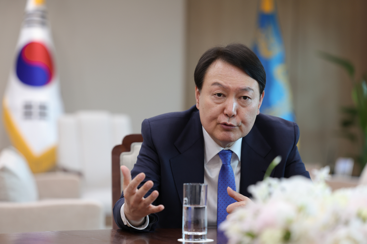 President Yoon Suk Yeol speaks during an interview with Reuters at the presidential office in Seoul on Tuesday. (Yoon’s office)