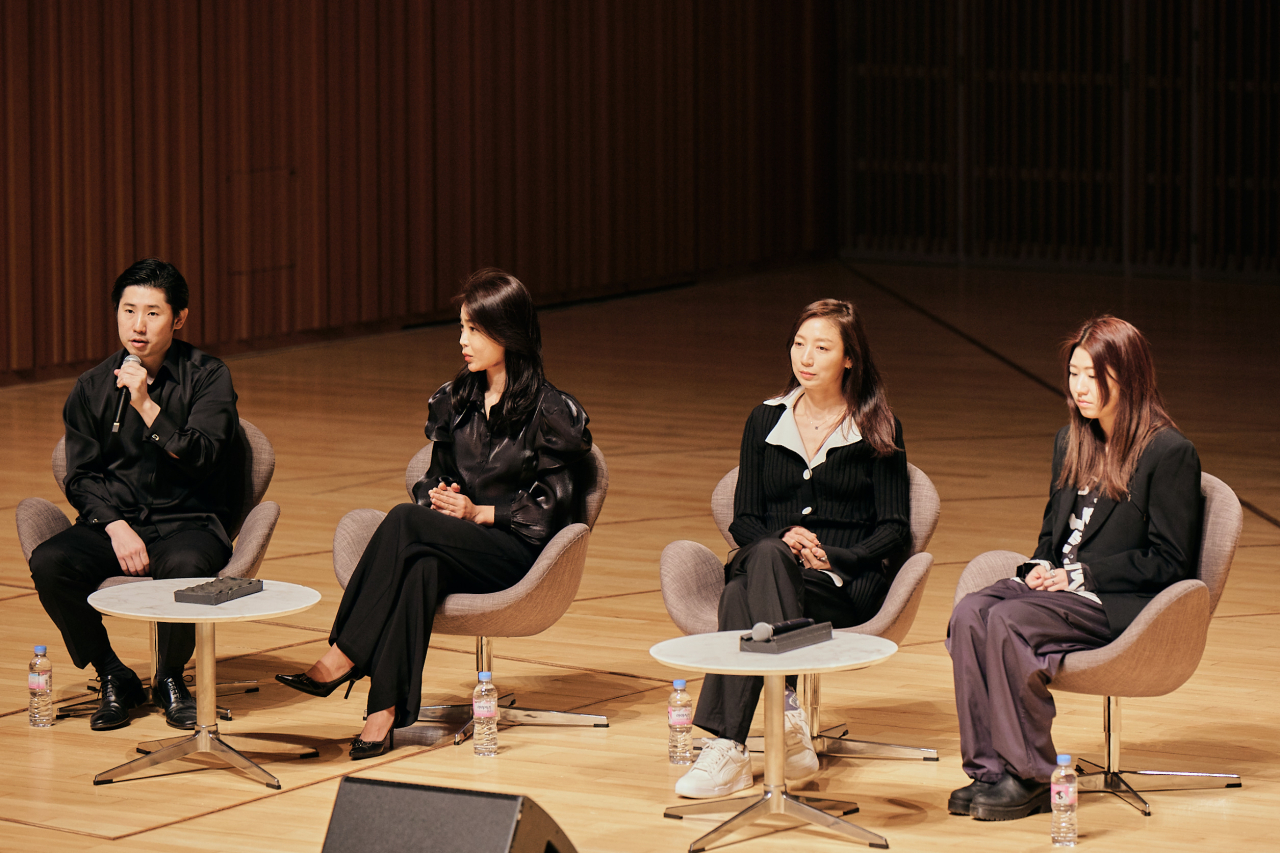 (From left) Pianist Lee Jin-sang, violinist Yoon So-young, director Cha Jin-yeob and media artist Hwang Sun-jeong attend a press conference held at the Lotte Concert Hall in Seoul, Tuesday. (Lotte Concert Hall)