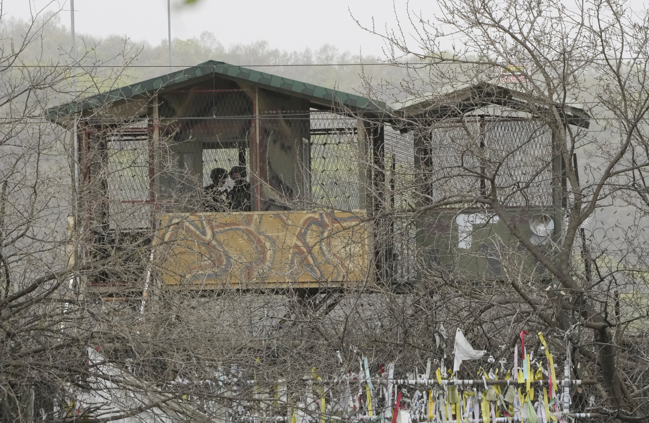 South Korean army soldiers stand guard at a military post at the Imjingak Pavilion in Paju, South Korea, near the border with North Korea, Thursday, April 13, 2023. (AP)