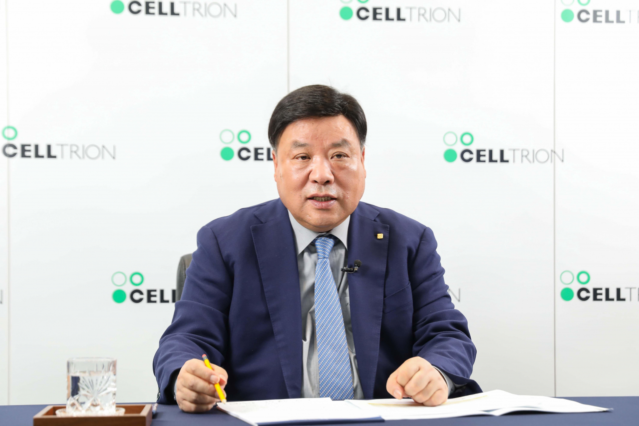 Celltrion Chairman Seo Jung-jin speaks during an online press conference held late last month upon his return to management. (Celltrion)