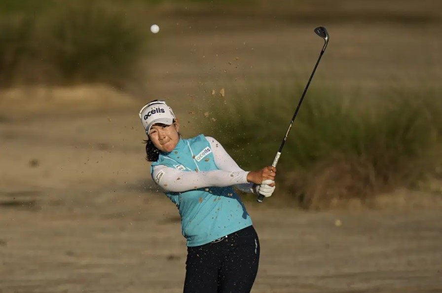 Kim A-lim of South Korea, plays a shot from a bunker on the eighth hole during the second round of the Chevron Championship women's golf tournament in The Woodlands, Texas, on Friday. (AP)