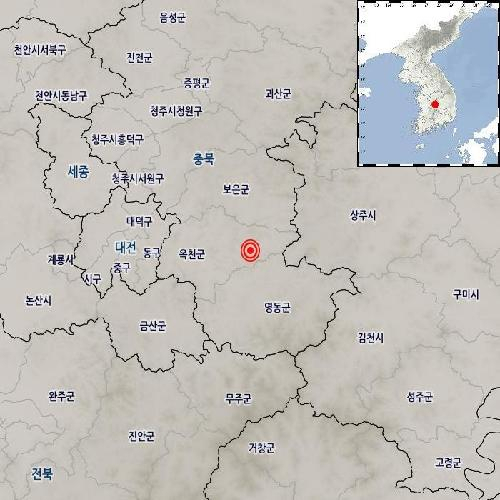 This image provided by the Korea Meteorological Administration shows the epicenter of a 3.1 magnitude earthquake that struck near Okcheon, North Chungcheong Province, Sunday. (Yonhap)