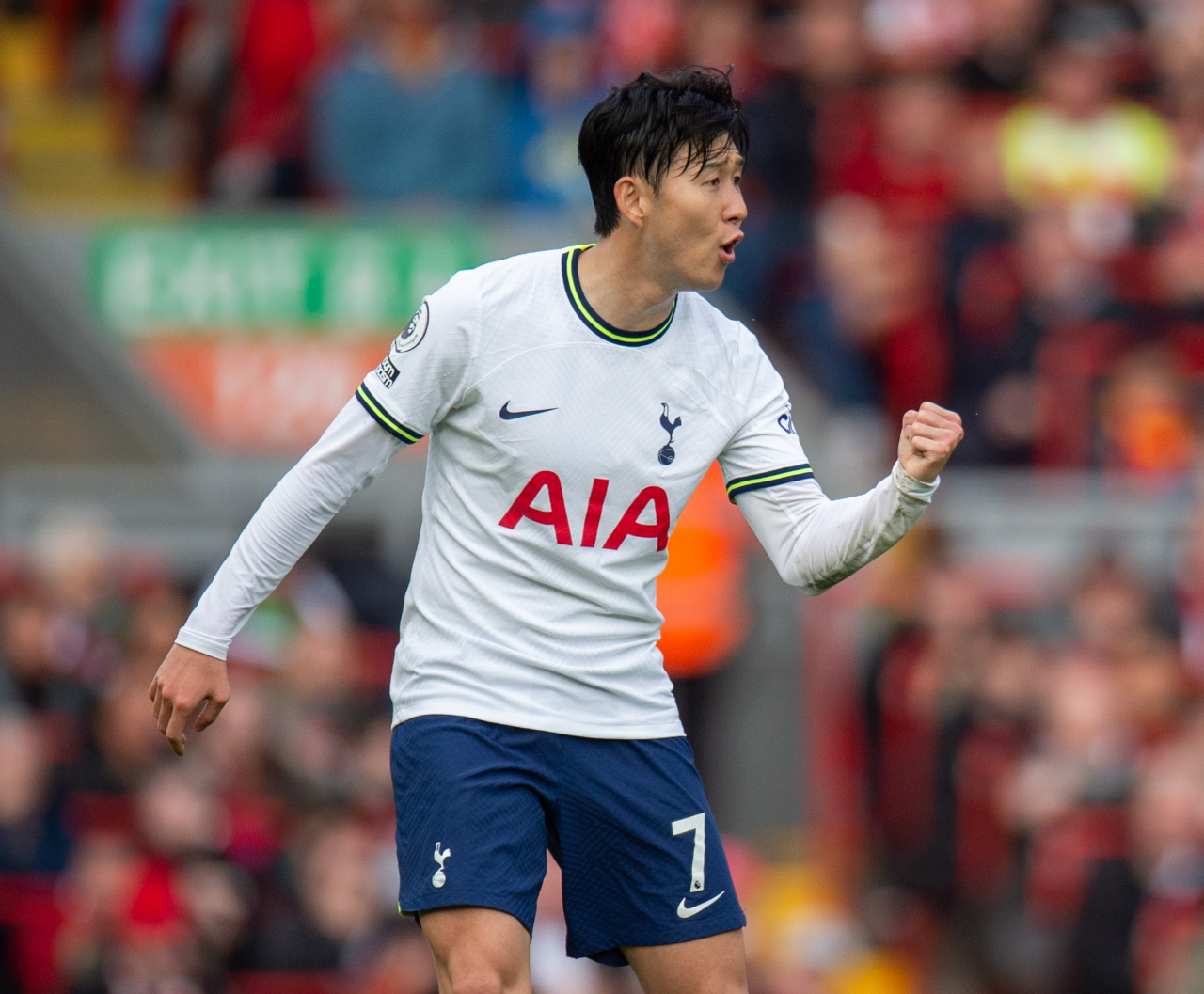 Son Heung-min of Tottenham Hotspur celebrates his goal against Liverpool during the clubs' Premier League match at Anfield in Liverpool, England, on Sunday (EPA)