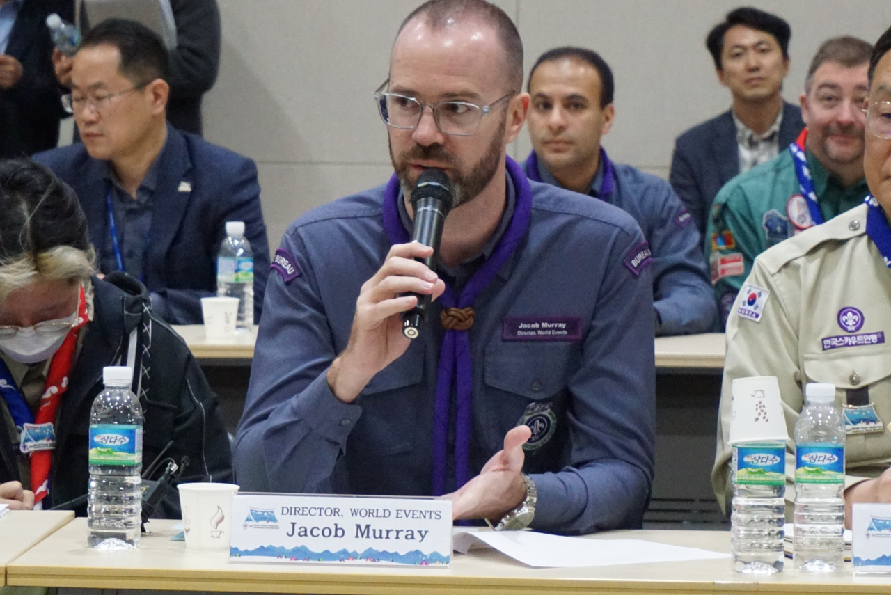 Jacob Murray, chief of the Jamboree under the World Organization of the Scout Movement, speaks at the press briefing held in Buan, North Jeolla Province, on Thursday. (Ministry of Gender Equality and Family)