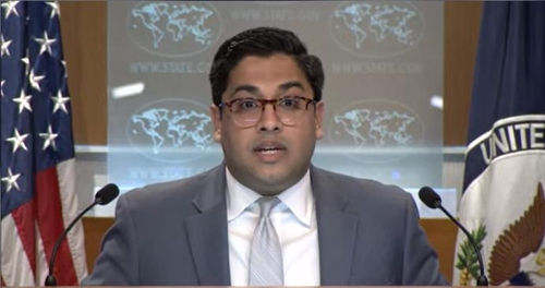State Department deputy spokesperson Vedant Patel is seen speaking during a daily press briefing at the department in Washington on Monday. (US Department of State)