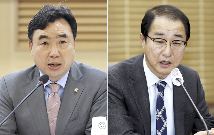 Opposition party Reps. Youn Kwan-suk and Lee Sung-man (Yonhap)