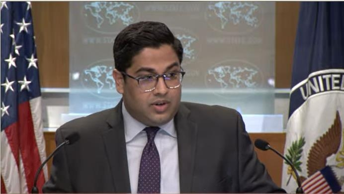 State department deputy spokesperson Vedant Patel is seen answering questions during a daily press briefing at the department in Washington on Wednesday. (US Department of State)