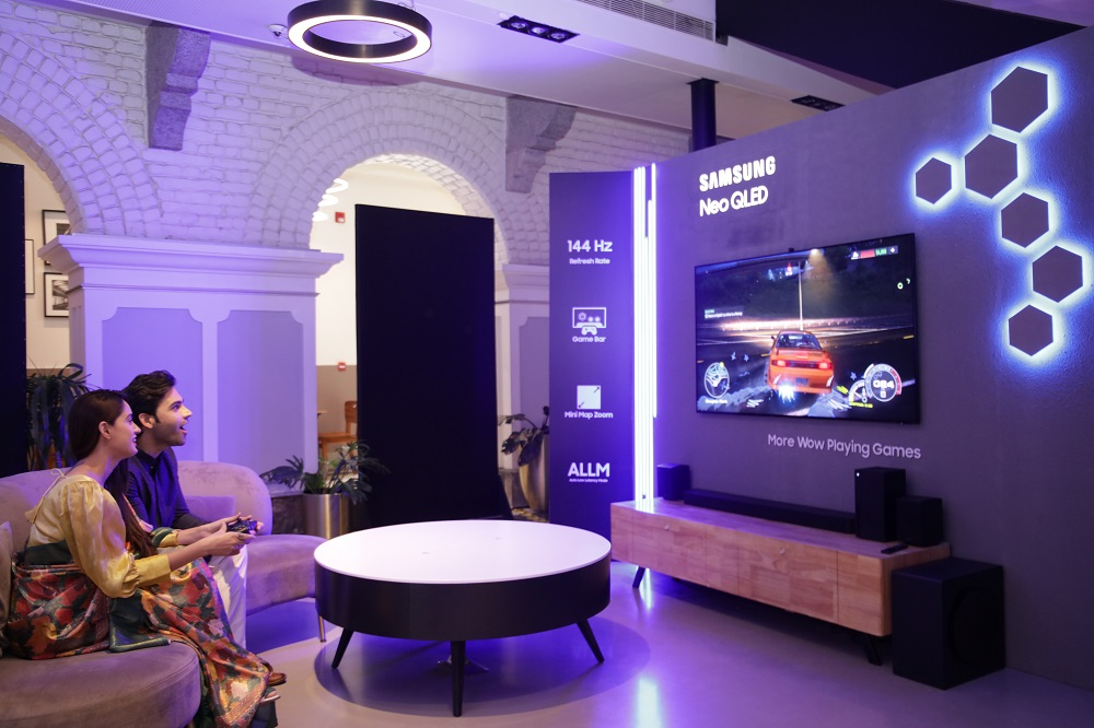 The 2023 lineup of Samsung's Neo QLED TVs is displayed at the Samsung Opera House, a mobile exhibition center for Samsung Electronics products, in Bengaluru, India, on Thursday. (Samsung Electronics)