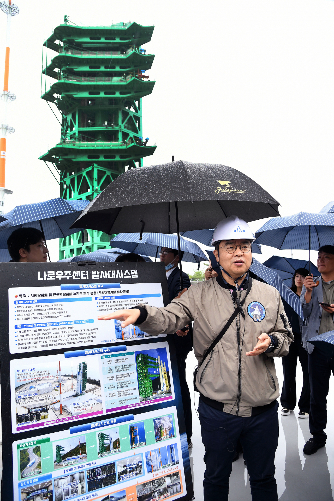 Kang Sun-il, a researcher at the Korea Aerospace Research Institute, introduces the launch pad that will be used for the Nuri rocket's launch later this month to reporters at the Naro Space Center in Goheung, South Jeolla Province, on May 3. (Korea Aerospace Research Institute)