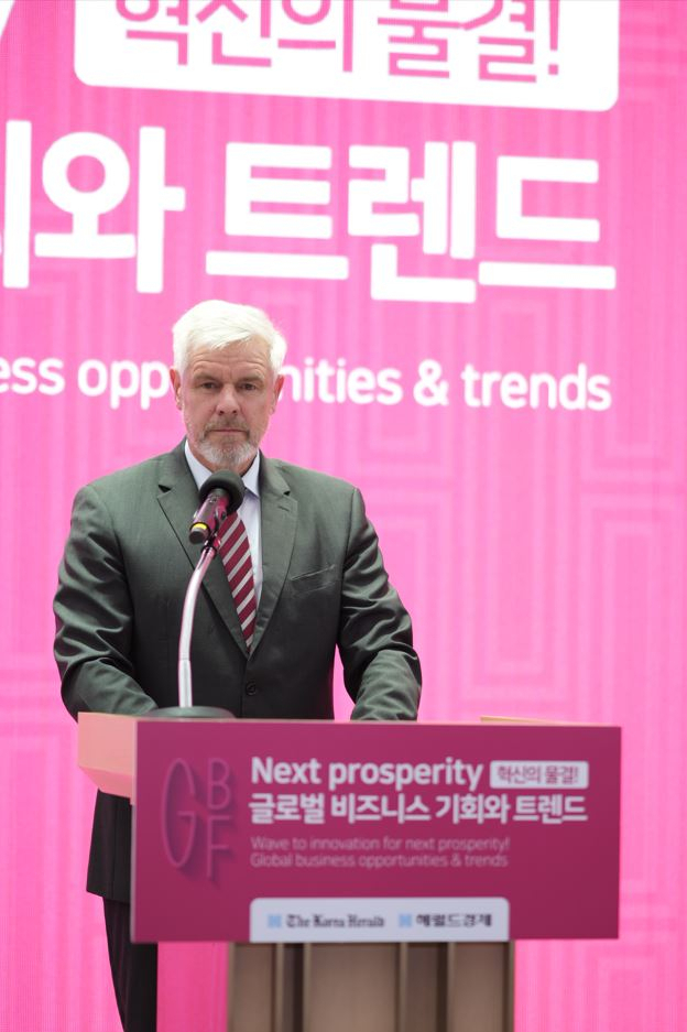 German Ambassador Michael Reiffenstuel gives welcoming remarks at the 11th session of the Global Business Forum at the Ambassador Seoul - A Pullman Hotel on Wednesday. (Damdastudio)