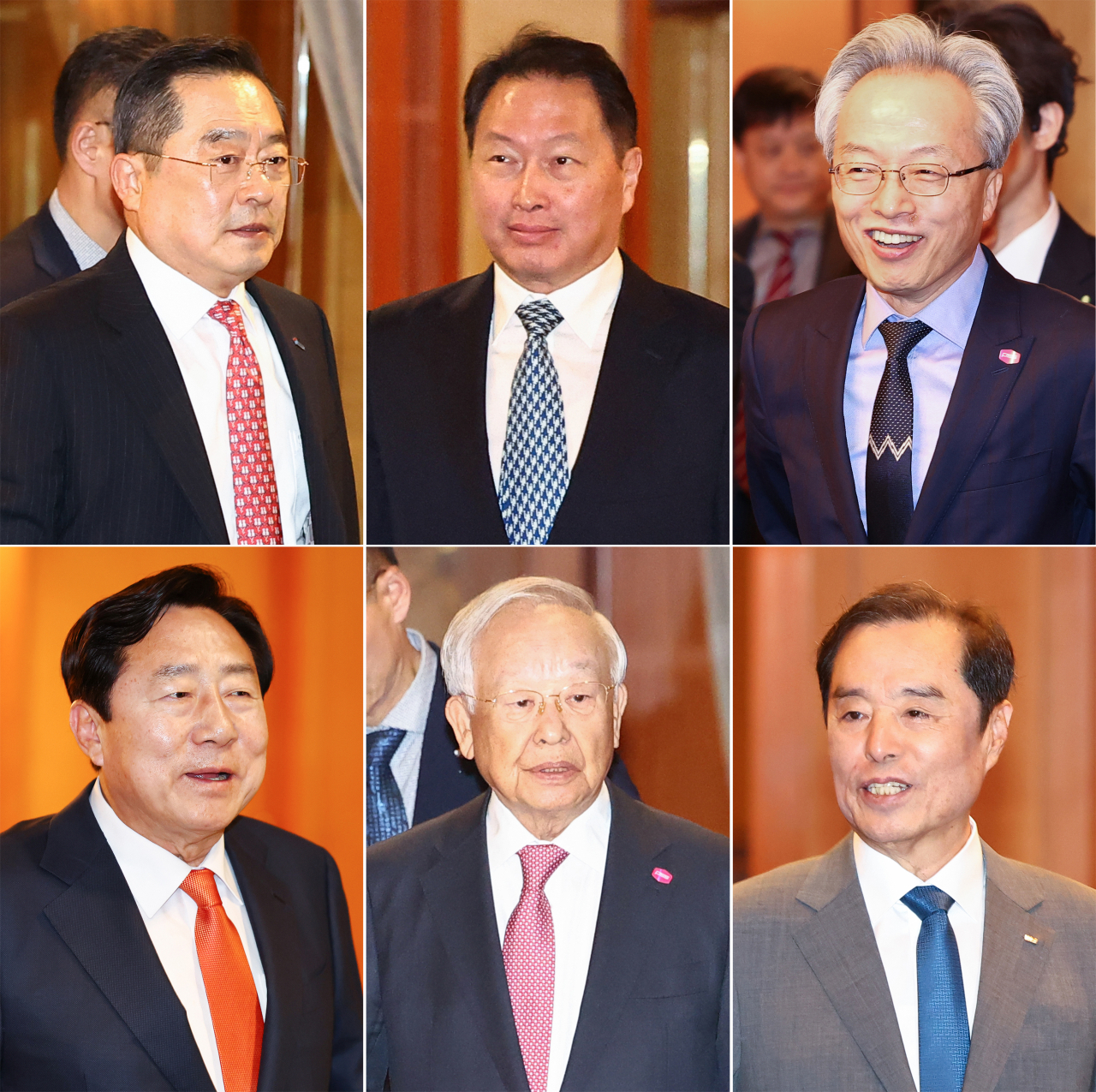 From top left: Korea International Trade Association Chairman Koo Ja-yeol; Korea Chamber of Commerce and Industry Chairman Chey Tae-won, who is also the chairman of SK Group; and Federation of Middle Market Enterprises of Korea Chairman Choi Jin-shik. From bottom left: Korea Federation of SMEs Chairman Kim Ki-moon; Korea Enterprises Federation Chairman Sohn Kyung-shik; and Federation of Korean Industries Acting Chairman Kim Byong-joon. (Yonhap)