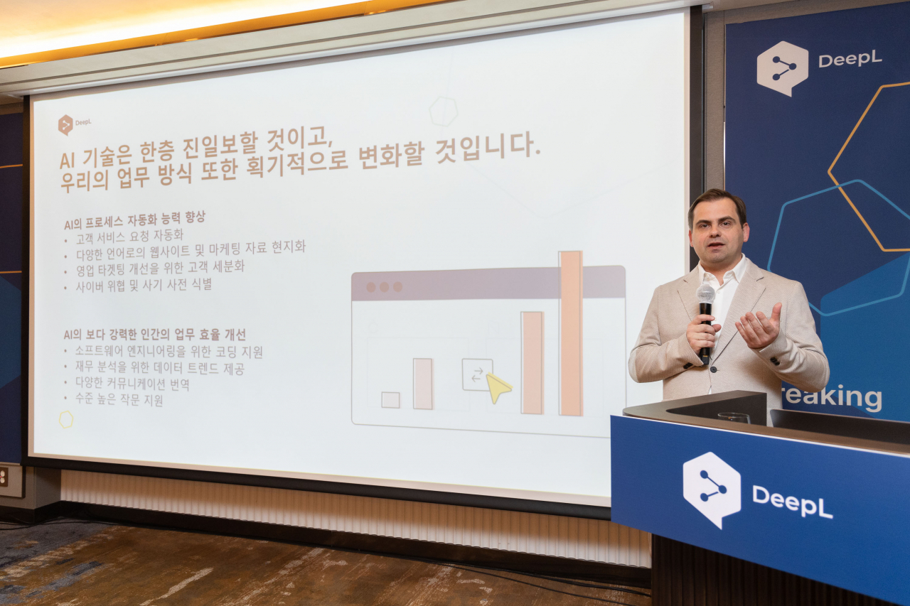 DeepL founder and CEO Jarek Kutylowski speaks during a press conference held at Josun Palace Hotel in southern Seoul on Tuesday. (DeepL)