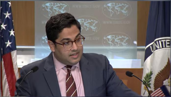 State Department deputy spokesperson Vedant Patel is seen answering questions during a daily press briefing at the department in Washington on Thursday in this captured image. (DOS)