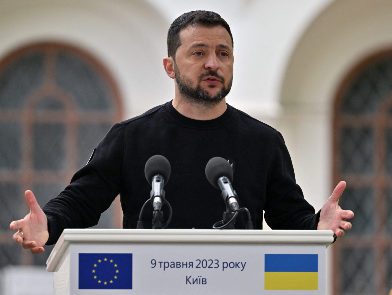 Ukrainian President Volodymyr Zelenskyy speaks during a press conference with President of the European Commission in Kyiv, Ukraine, on Tuesday. (AFP)