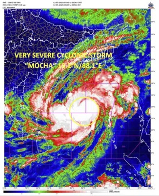 This satellite image provided by India Meteorological Department shows storm Mocha intensifying into a severe cyclone. Authorities in Bangladesh and Myanmar prepared to evacuate hundreds of thousands of people Friday, warning them to stay away from coastal areas as a severe cyclonic storm churned in the Bay of Bengal. (AP)